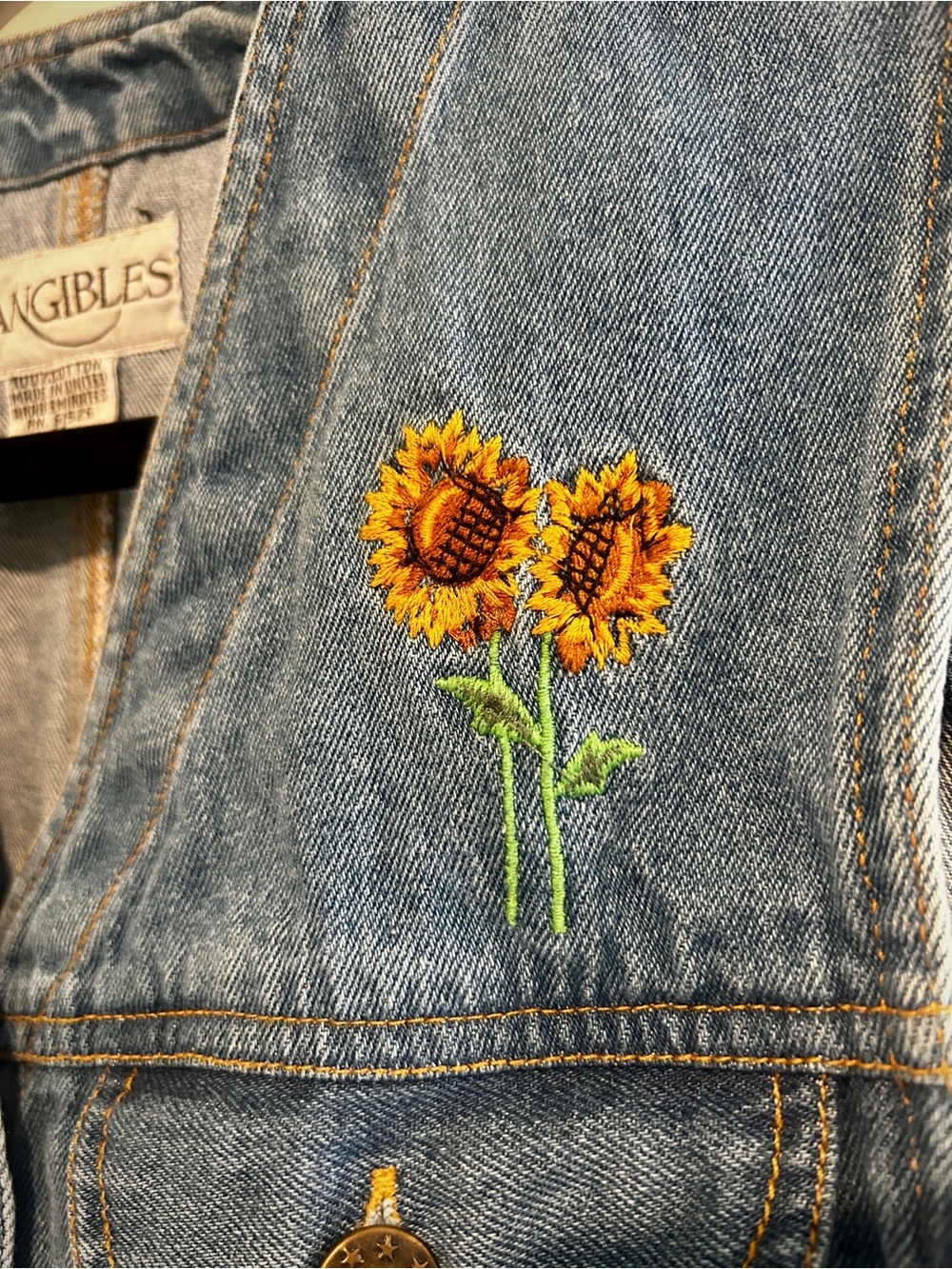 Tangibles Vintage Sunflower Cottagecore Embroidered Blue Denim Vest - Picture 2 of 5